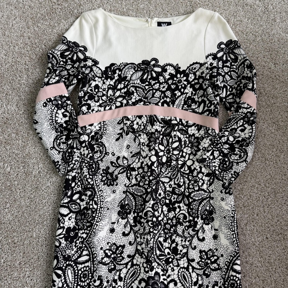 W By Worth Dress Womens 6 White Floral Empire Sheath Long Sleeve Knee Length